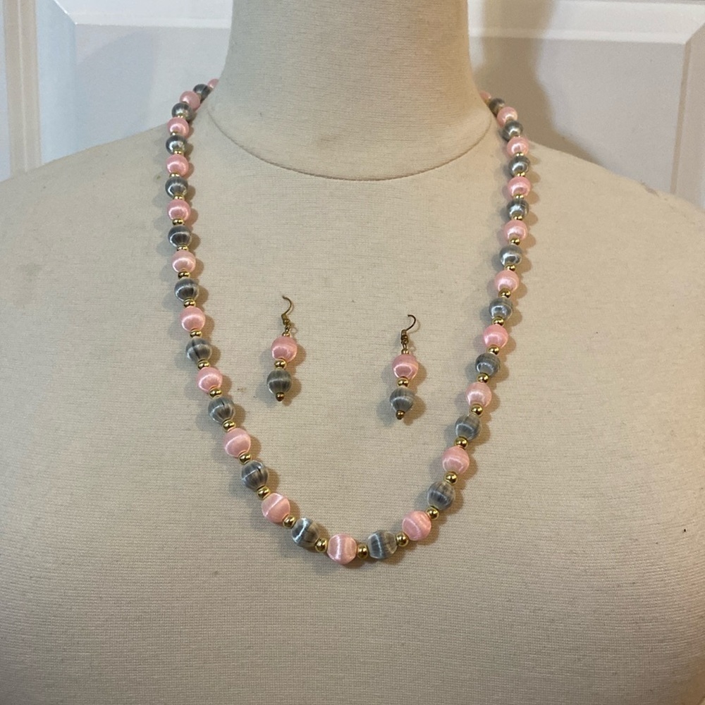 Vintage Spun Silk Bead Endless Necklace & Earrings